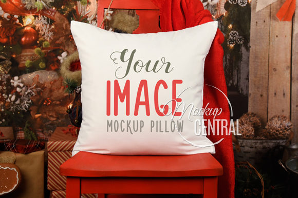Download Christmas Square Mockup Pillow on Chair - Premium Bundle